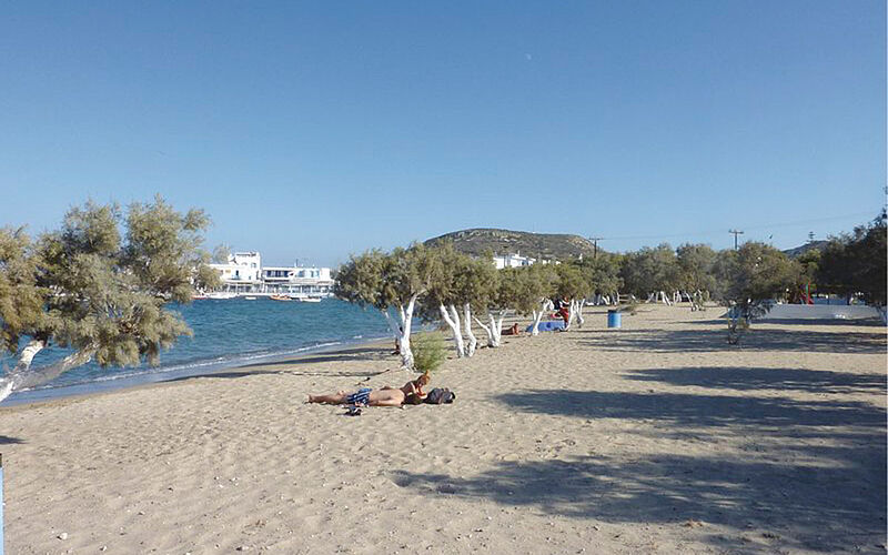 ein Bild von Pollonia auf Milos mit Bäumen und Blick auf das Meer